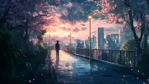 Twilight cherry blossom promenade above illuminated city skyline