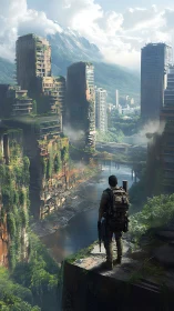 Lone scout surveys vine-strangled skyscraper canyon afterfall.