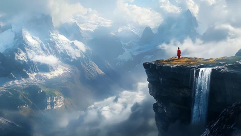 Solitary figure on high cliff above clouds and waterfall.