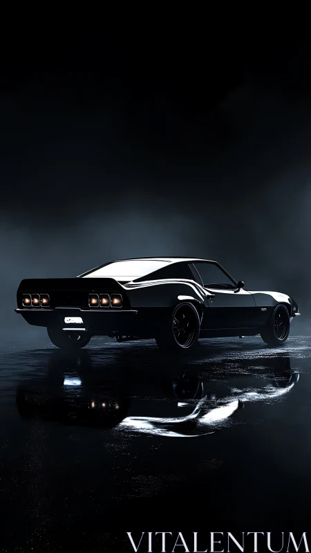 Midnight muscle car poised on wet reflective asphalt surface.