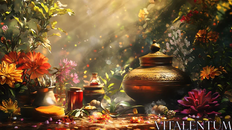 Sunlit alchemist&rsquo;s garden altar of florals, spices, and secrets.