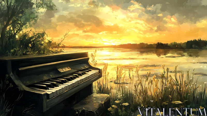 Weathered lakeside piano catches golden sunset reflections