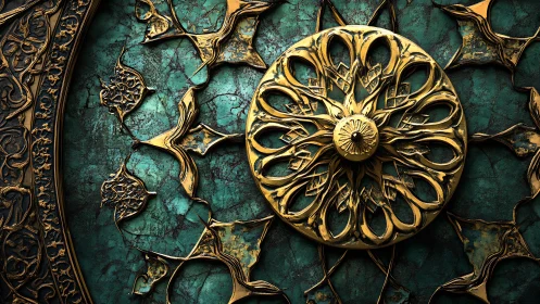 Ornate radial medallion in distressed teal and gold relief.