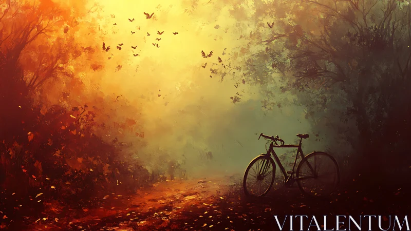 Solitary Bicycle Lost in Autumn's Fiery Dreamscape.