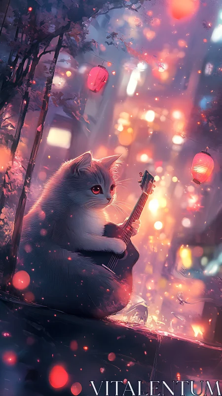 Cat holding guitar amid lanterns in soft city lights.