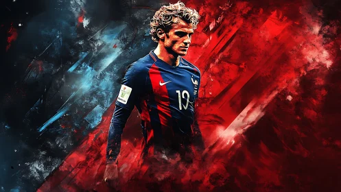 Dynamic footballer portrait within abstract red blue field