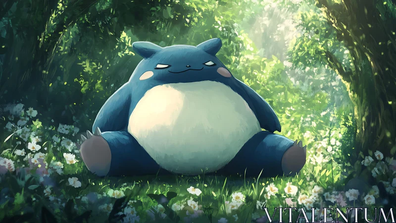 Blue creature resting in dense sunlit forest clearing.