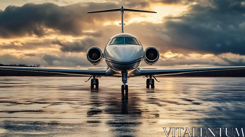 Private jet on wet runway at dramatic sunset sky.