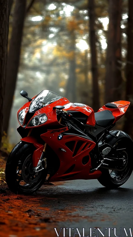 Bold red sport motorcycle waits calmly on a forest road