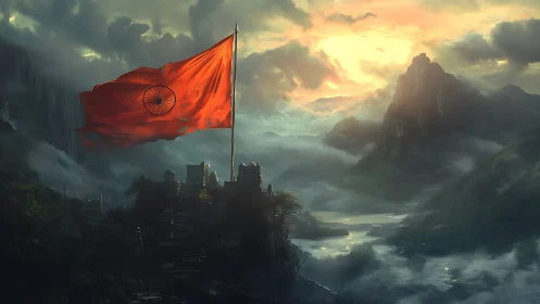 Indian flag billows above misty mountain fortress at dawn.
