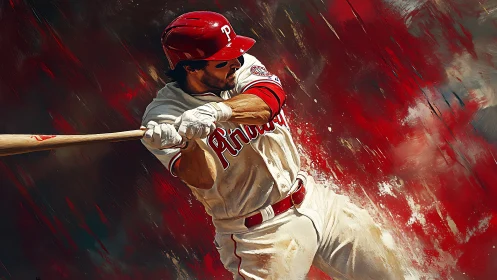 Baseball slugger swings bat through red abstract streaks