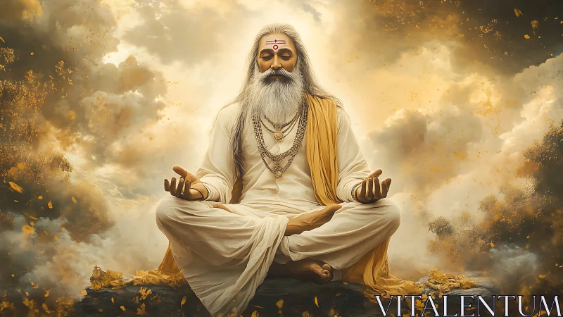 Radiant yogic sage in luminous atmospheric meditation field.