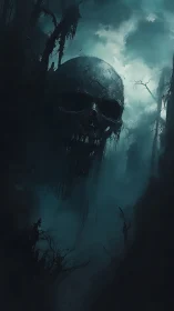 Giant rotting skull looms over misty haunted marshland.