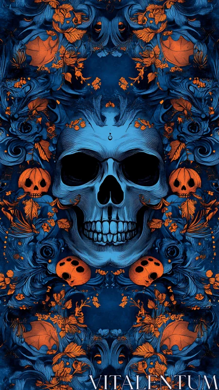 Skull emerges amid blue swirls and fiery orange foliage.