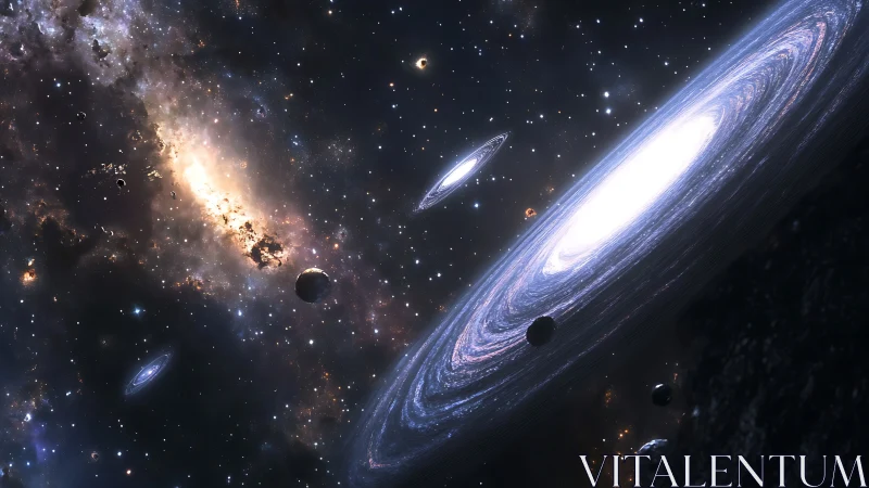 Spiral galaxies curve through dense starfield and nebula glow.