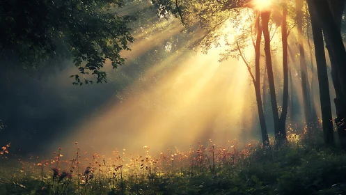 Sunbeams Filtering Through Lush Forest in Serene Morning Light.