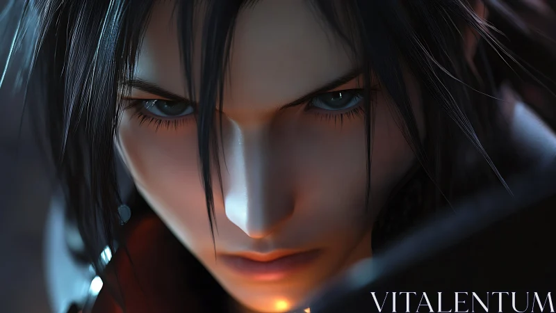 Intense close up of blue eyed anime warrior face.