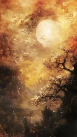 Golden moon over dark fantasy canyon and twisted tree.