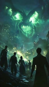 Haunting green sky beast looms above a shaken city crowd