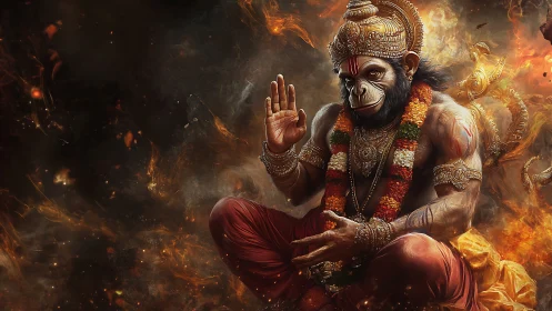 Simian-headed deity figure seated amid swirling embers.