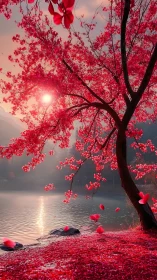 Crimson blossom tree over misty lakeshore at sunset.