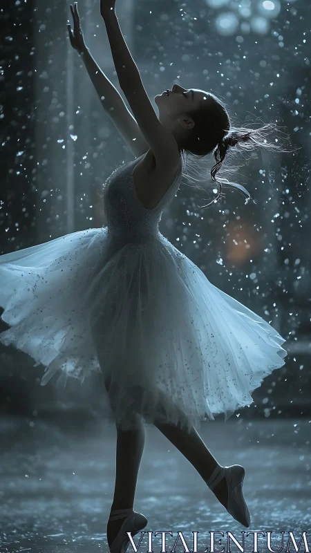 Ballerina poised in shimmering rain under ethereal backlight.