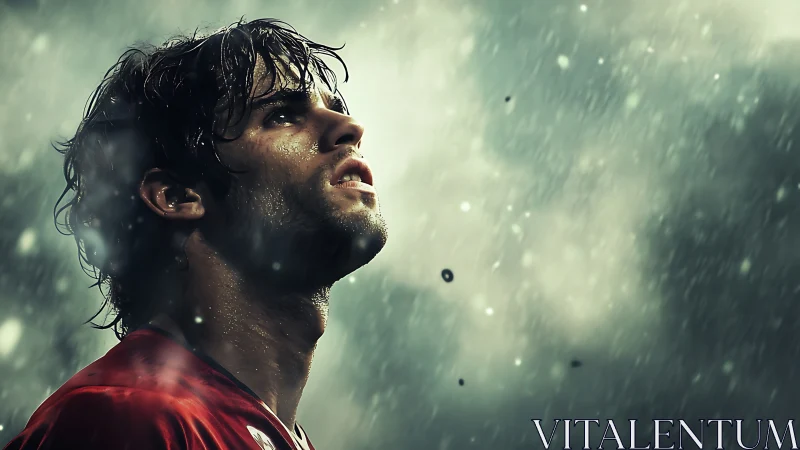 Storm-lit athlete lifts hopeful gaze through driving rain