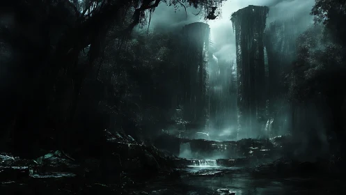 Ancient monoliths rise in a storm-lashed, shadowed jungle