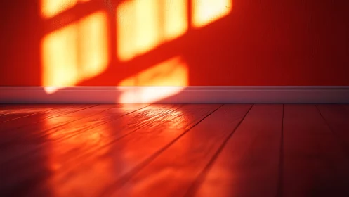 Photorealistic warm light on orange wall and wood floor geometry.