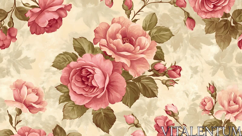 Romantic Floral Chinoiserie: Pink Roses with Botanical Motifs.