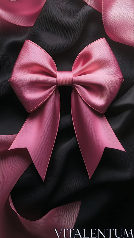 Pink satin gift bow on black fabric background.