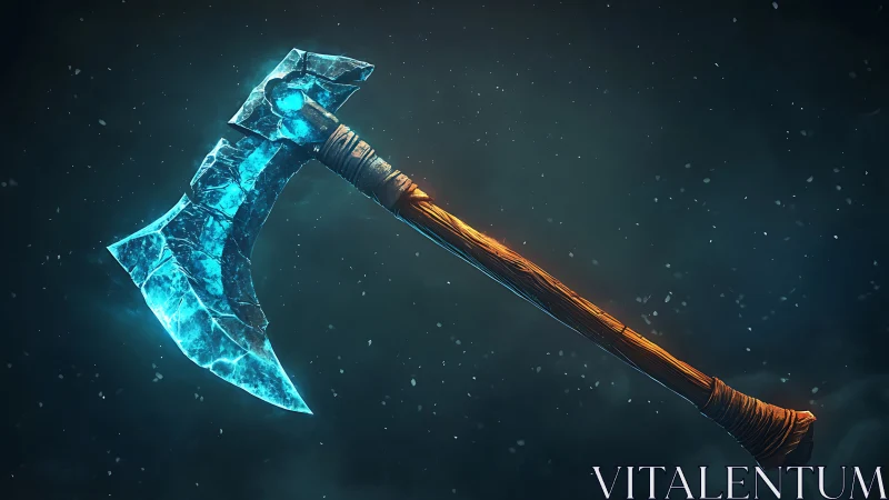 Frosty enchanted battle axe glows warmly against dark skies