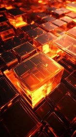 Luminous glass cube grid with glowing orange core blocks.