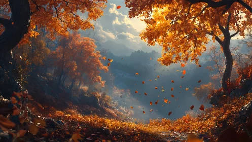 Autumn Forest Scene with Falling Leaves.