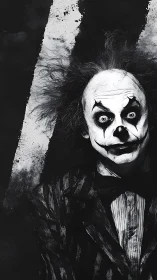 Monochrome creepy clown portrait with wild hair staring.
