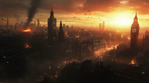 Urban skyline with fire damage under orange sunset light.