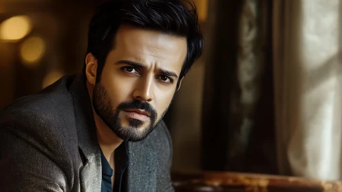 Warmly lit portrait of a thoughtful man with gentle gaze.