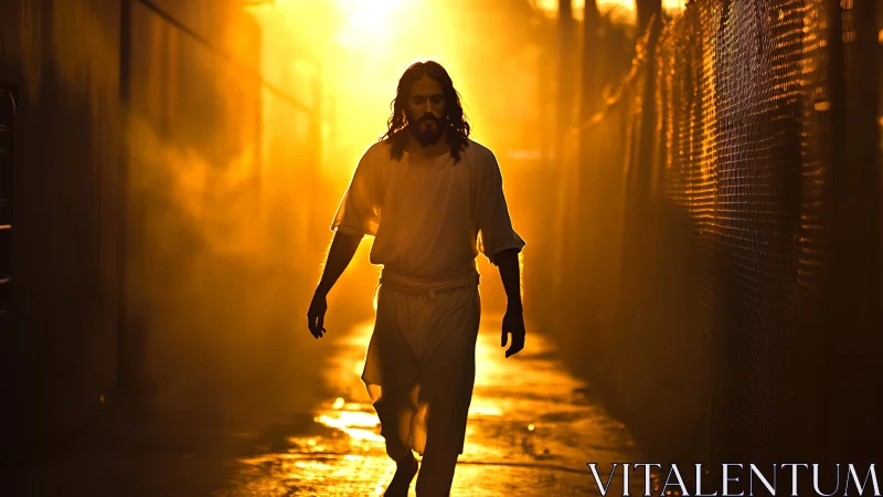 Backlit wanderer strides through a molten alleyway of light