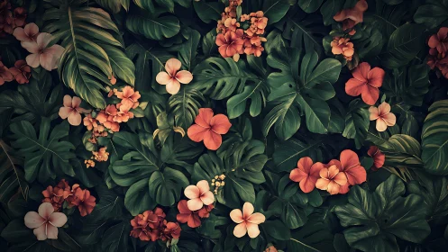 Lush jungle blossoms quietly choreograph a twilight waltz