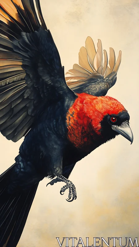 Scarlet-crowned blackbird diving through soft golden air.