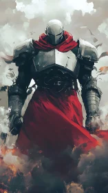 Armored knight in red cloak emerging from smoky battlefield.