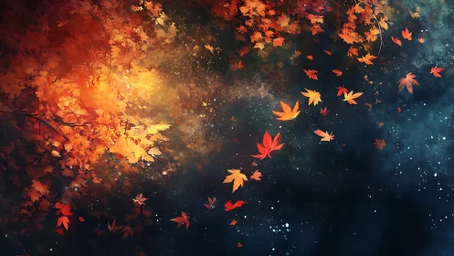 Autumn foliage and drifting leaves over dark water surface.