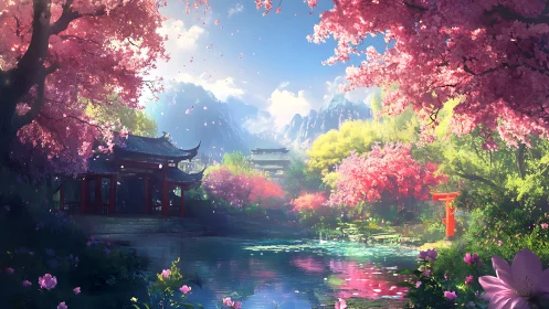 Serene cherry blossom shrine beside reflective mountain lake.