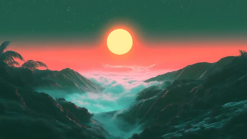 Dreamy neon sunrise floating above misty valley cliffs.