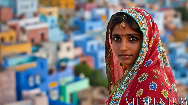 Indian woman in traditional attire with colorful cityscape background.