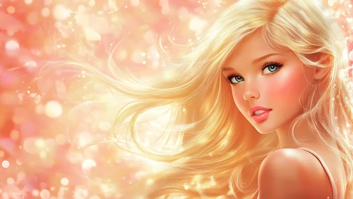 Radiant blonde portrait in glowing peach bokeh ambience.