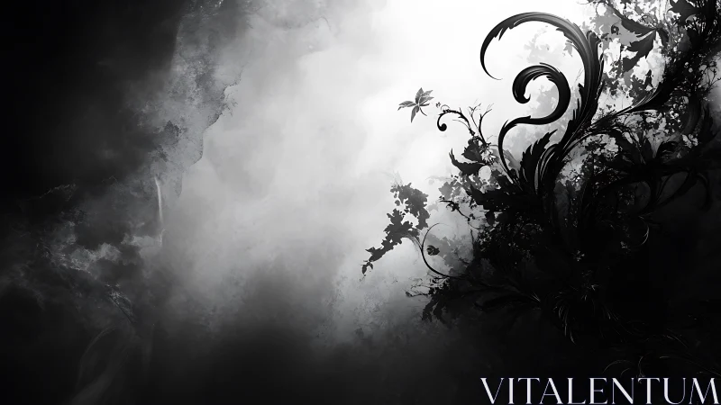 Monochrome swirling foliage silhouette in diffuse light.