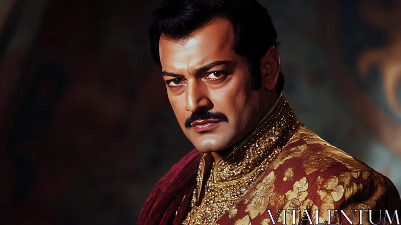 Regal portrait of stern nobleman in ornate brocade coat.