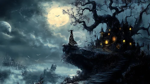 Moonlit gothic manor on a haunted cliffside plateau.