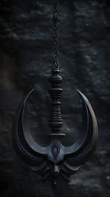 Suspended demonic war axe rendered in dark forged steel.